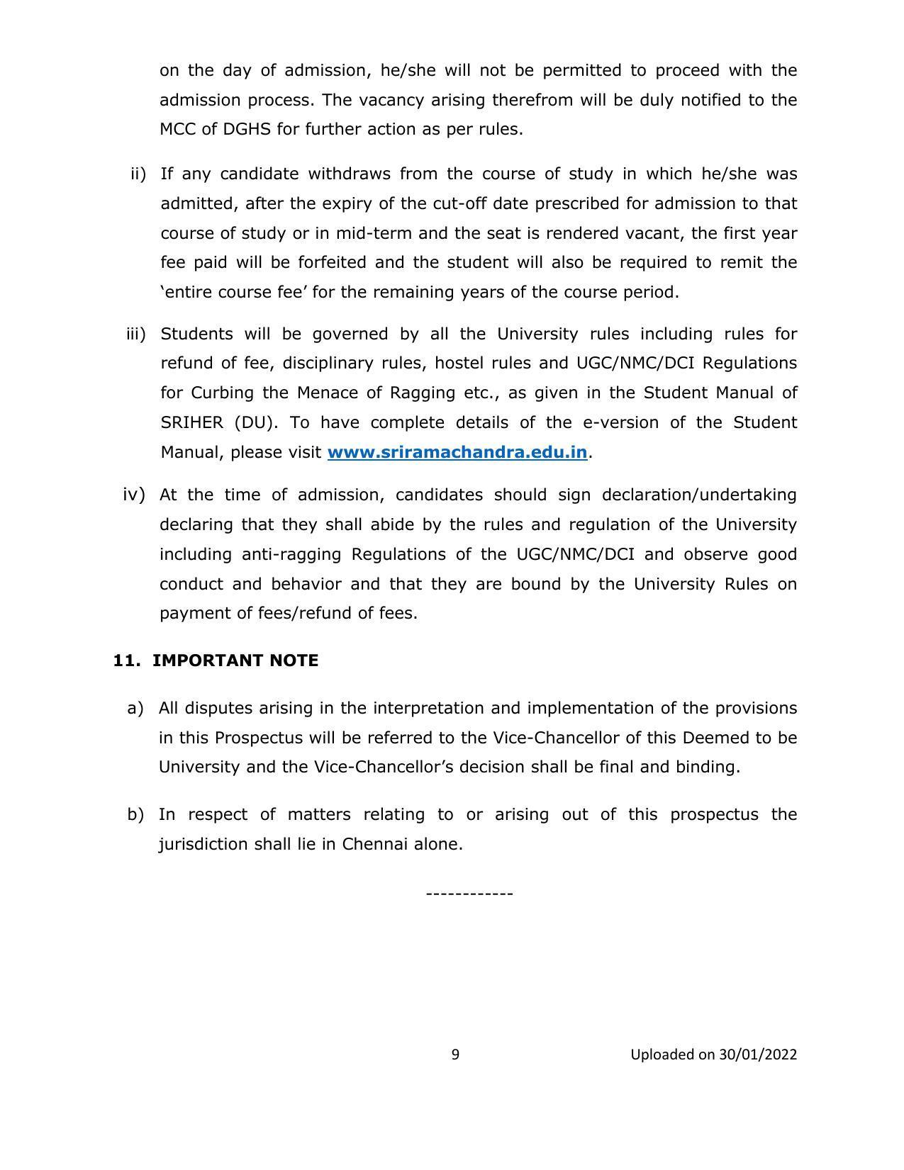 Sri Ramachandra University,Chennai ADMISSION TO M.B.B.S./B.D.S. DEGREE Prospectus 2021-22 - Page 9