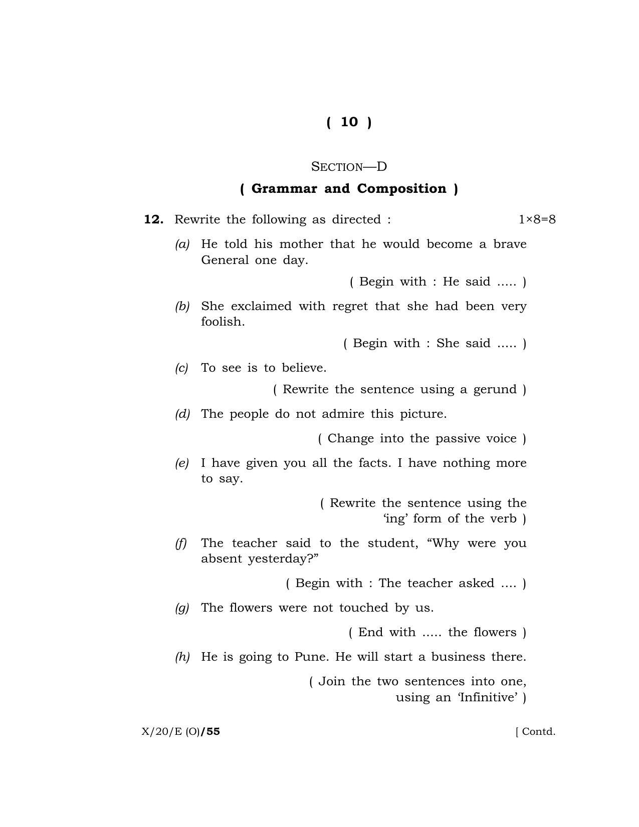 Meghalaya Board (MBOSE) Class 10 ENGLISH ( Old Course ) 2020 Question Paper - Page 10