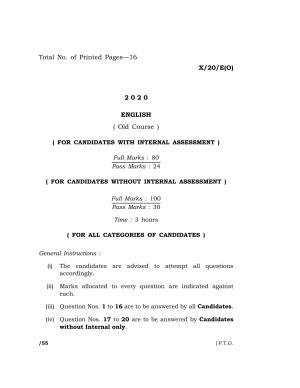 Meghalaya Board (MBOSE) Class 10 ENGLISH ( Old Course ) 2020 Question Paper