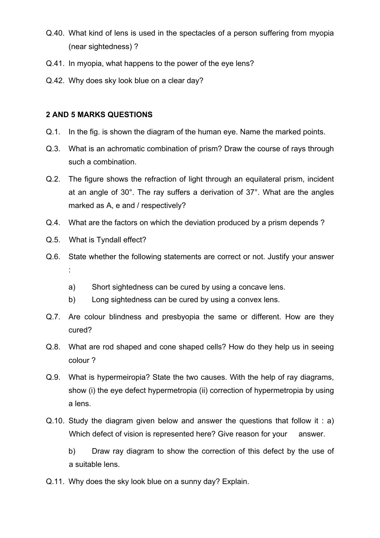 CBSE Worksheets for Class 10 Science Human Eye And Colourful World Assignment - Page 3