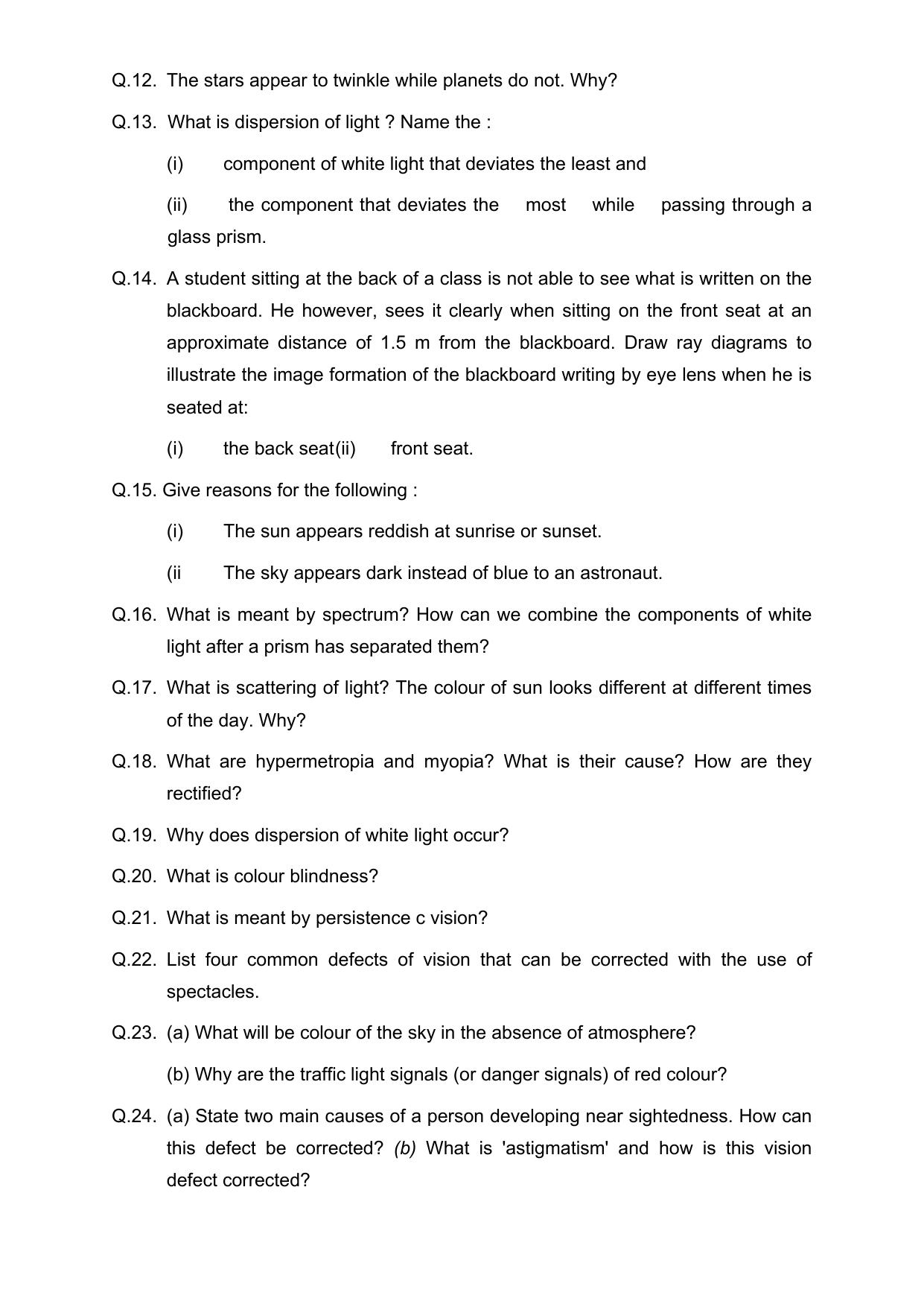 CBSE Worksheets for Class 10 Science Human Eye And Colourful World Assignment - Page 4