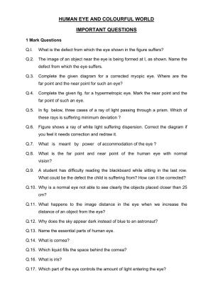 CBSE Worksheets for Class 10 Science Human Eye And Colourful World Assignment