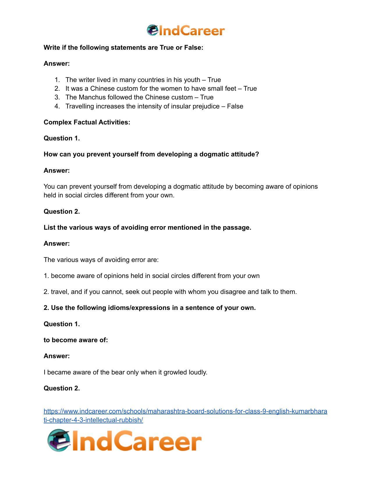 Maharashtra Board Solutions for Class 9- English Kumarbharati: Chapter 4.3- Intellectual Rubbish - Page 17