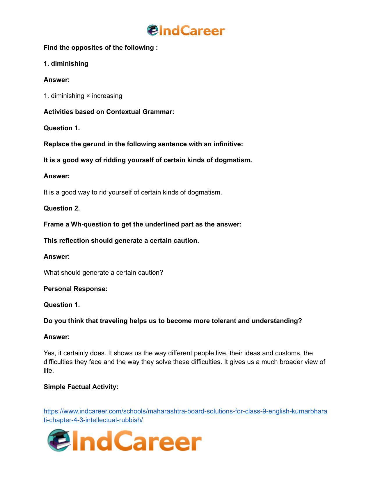 Maharashtra Board Solutions for Class 9- English Kumarbharati: Chapter 4.3- Intellectual Rubbish - Page 18