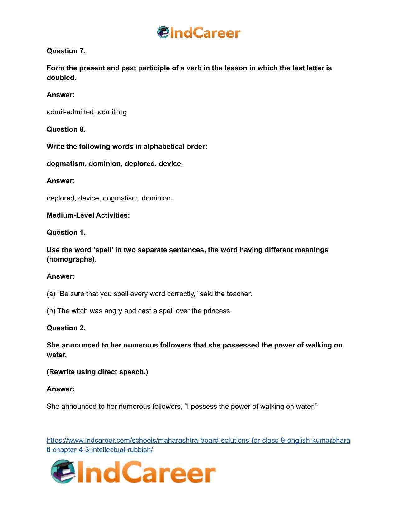 Maharashtra Board Solutions for Class 9- English Kumarbharati: Chapter 4.3- Intellectual Rubbish - Page 30