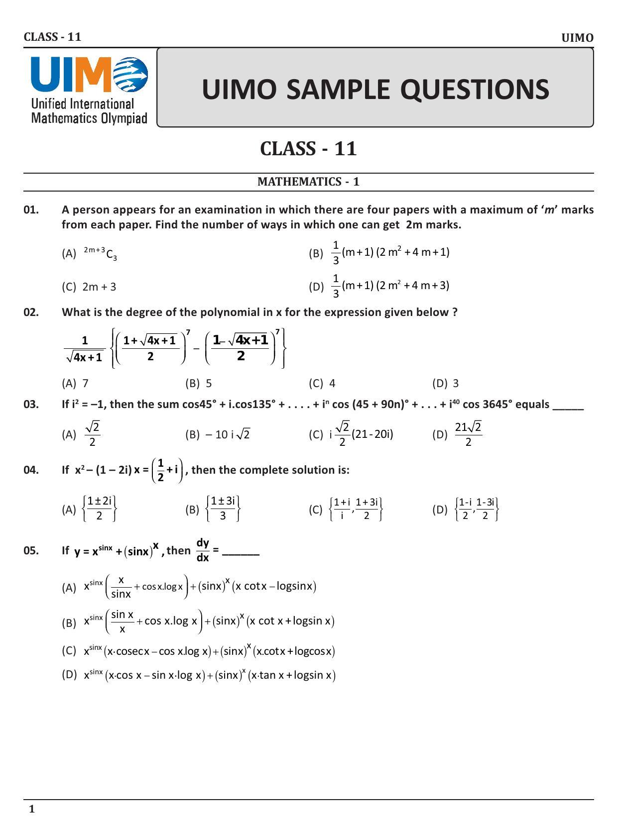 UIMO Class 11 2023 Sample Paper - Page 1
