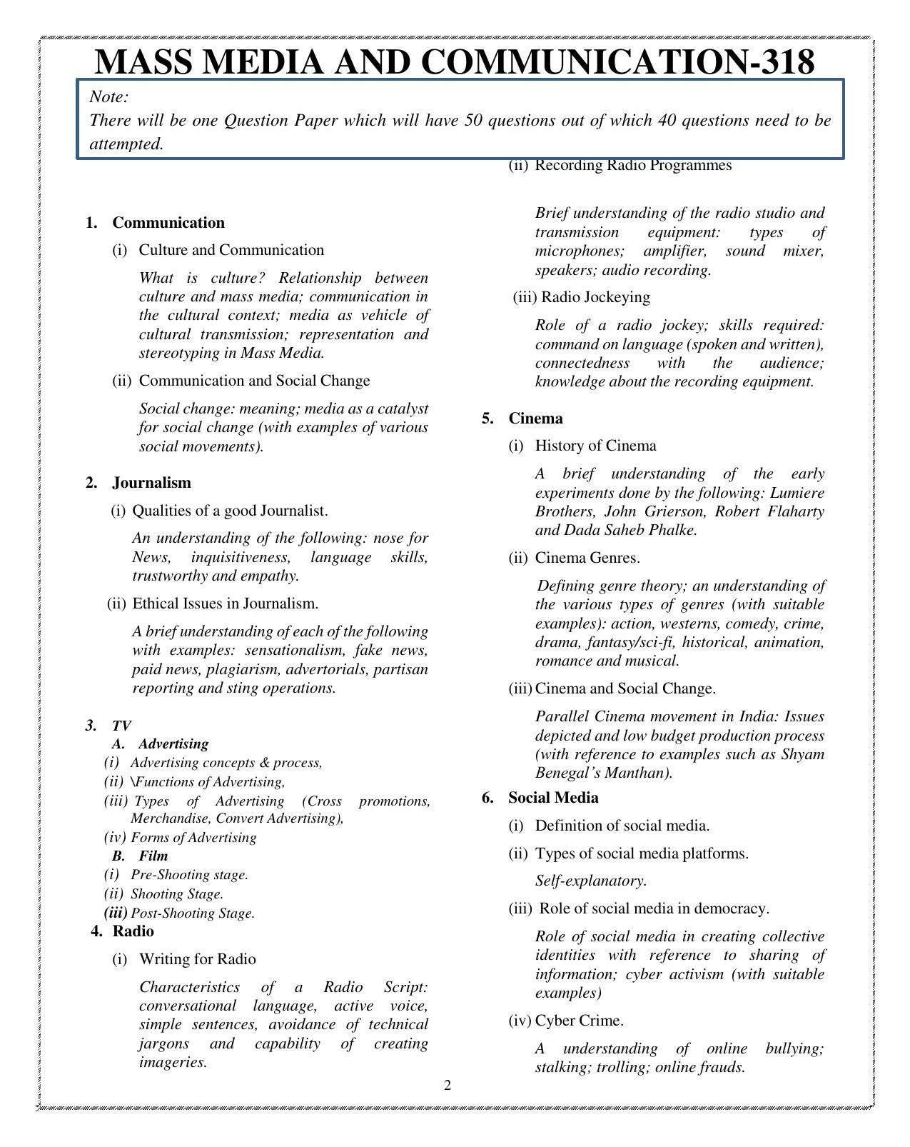 CUET Syllabus for Mass Media/ Mass Communication (English) - Page 2