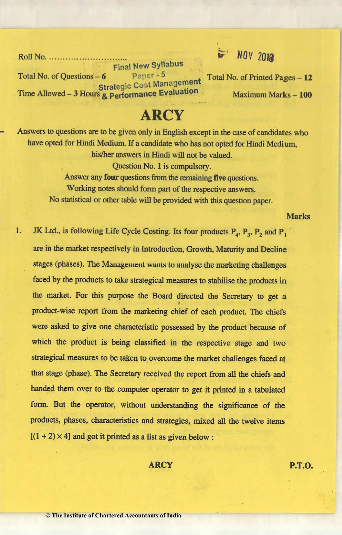 CA Final Nov 2018 Question Paper - Paper 5 – Strategic Cost Management and Performance Evaluation - Page 1