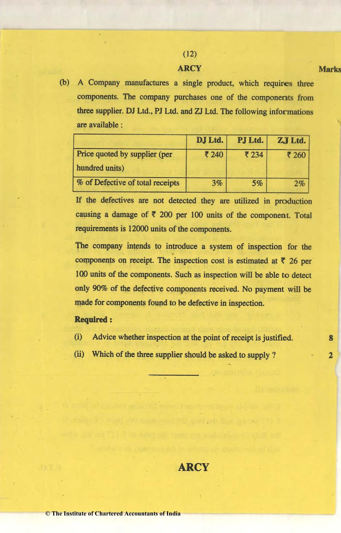 CA Final Nov 2018 Question Paper - Paper 5 – Strategic Cost Management and Performance Evaluation - Page 12