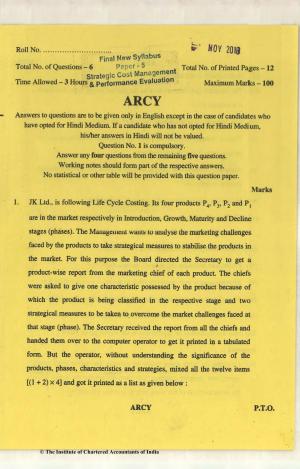 CA Final Nov 2018 Question Paper - Paper 5 – Strategic Cost Management and Performance Evaluation