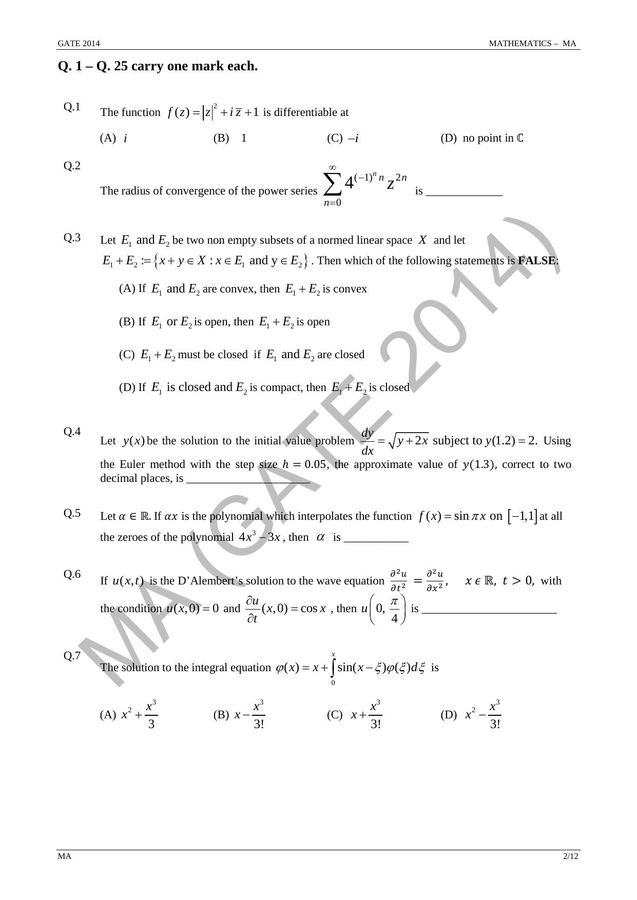 GATE 2014 Mathematics (MA) Question Paper with Answer Key - Page 8