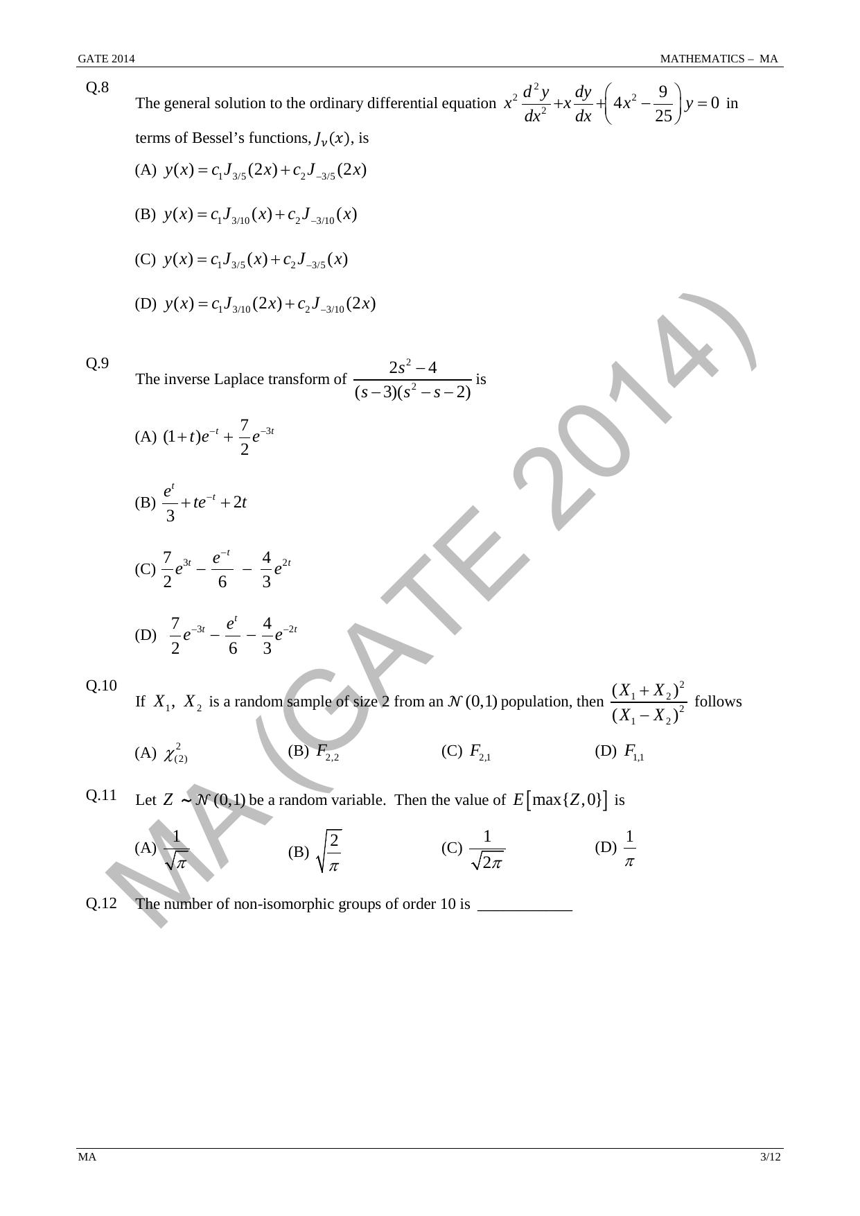 GATE 2014 Mathematics (MA) Question Paper with Answer Key - Page 9
