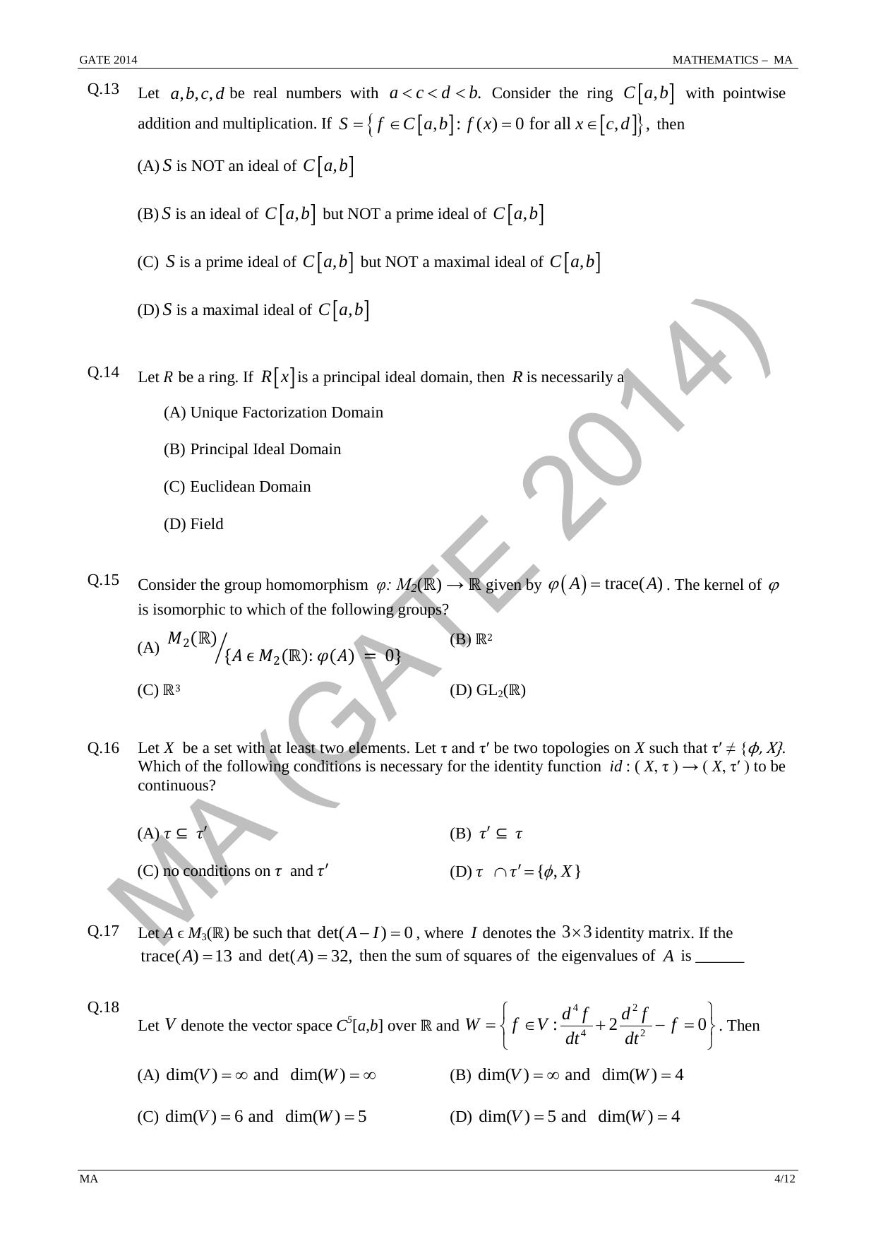 GATE 2014 Mathematics (MA) Question Paper with Answer Key - Page 10