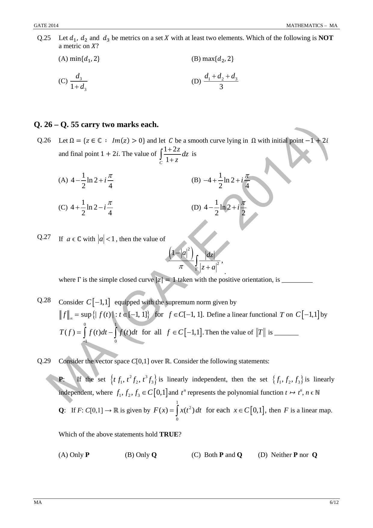 GATE 2014 Mathematics (MA) Question Paper with Answer Key - Page 12