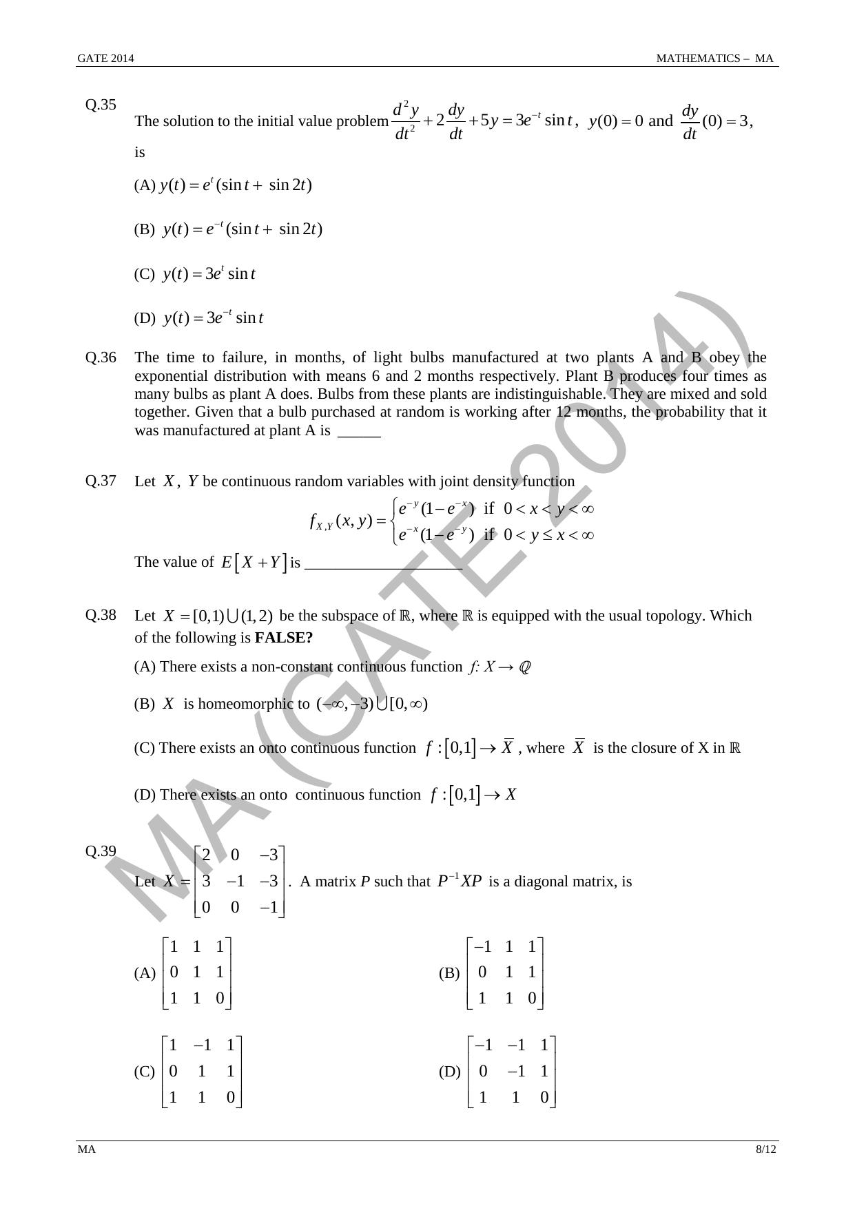 GATE 2014 Mathematics (MA) Question Paper with Answer Key - Page 14