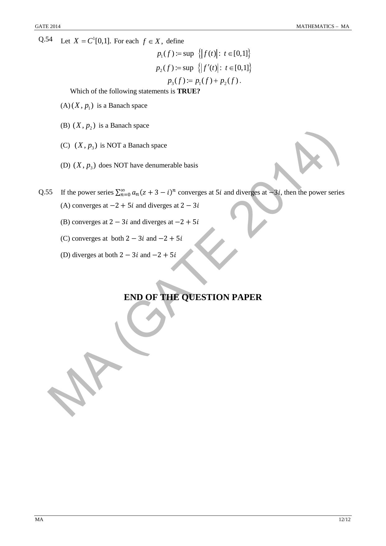 GATE 2014 Mathematics (MA) Question Paper with Answer Key - Page 18