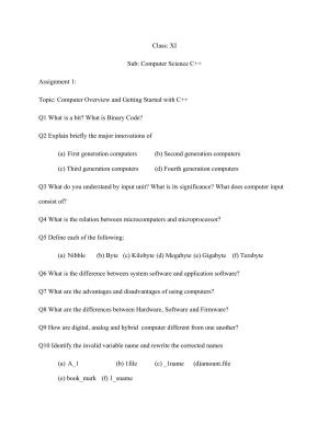CBSE Worksheets for Class 11 Computer Science C++ Assignment
