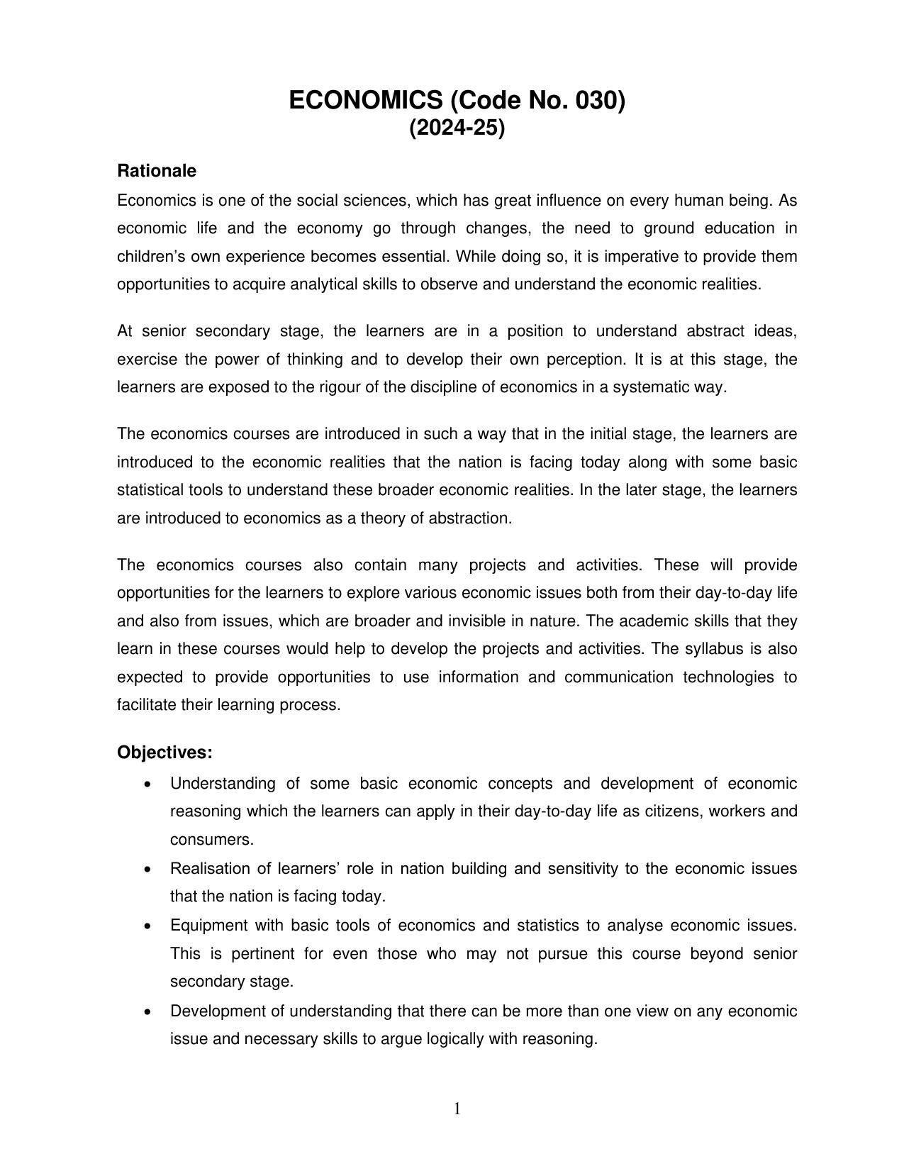 CBSE Class 11 & 12 Syllabus 2022-23 - Economics - Page 1