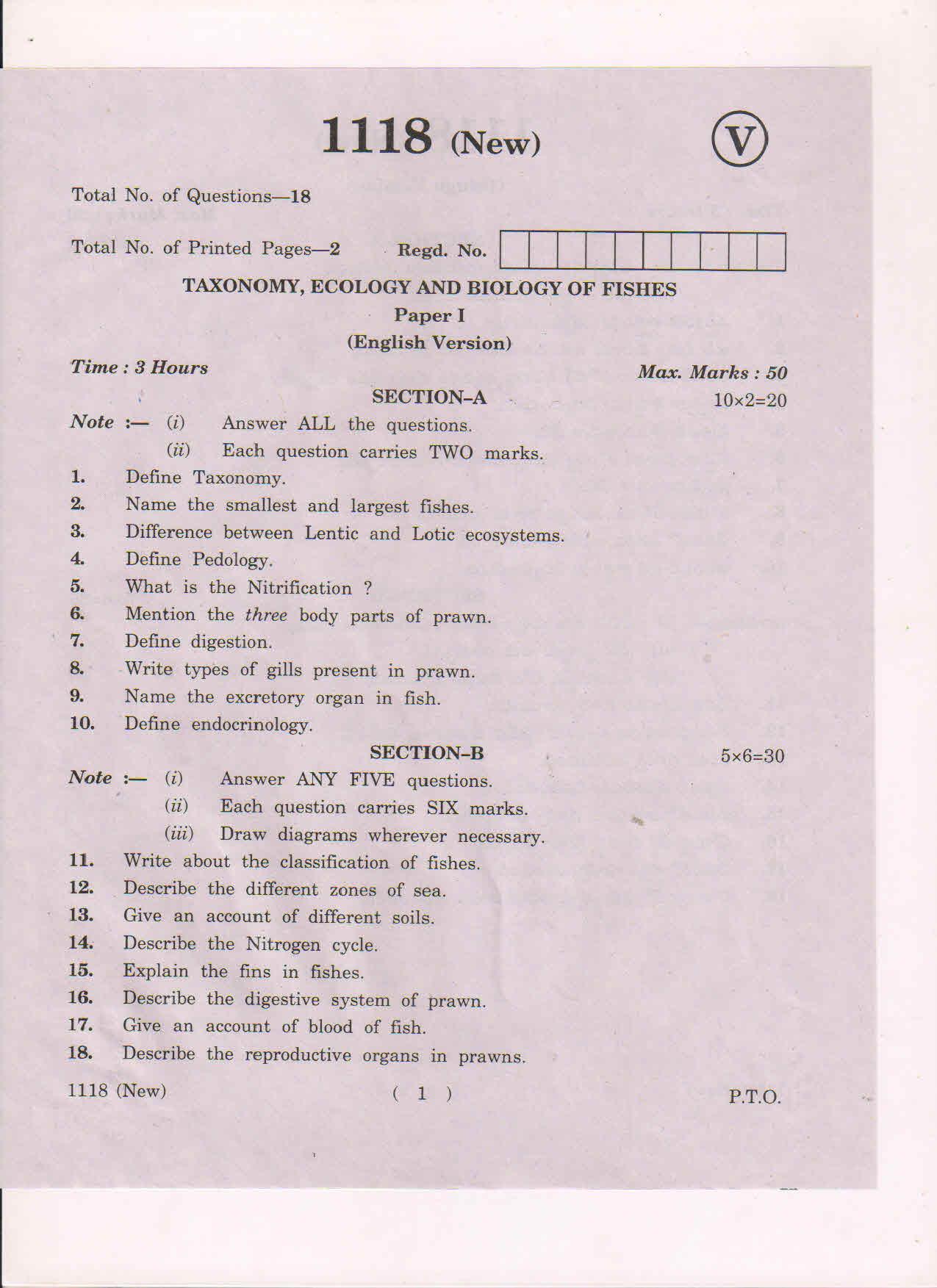 AP Inter 1st Year Taxonomy, Ecology and Biology of Fishes-I (New) March-2019-Vocational Question Paper - Page 1