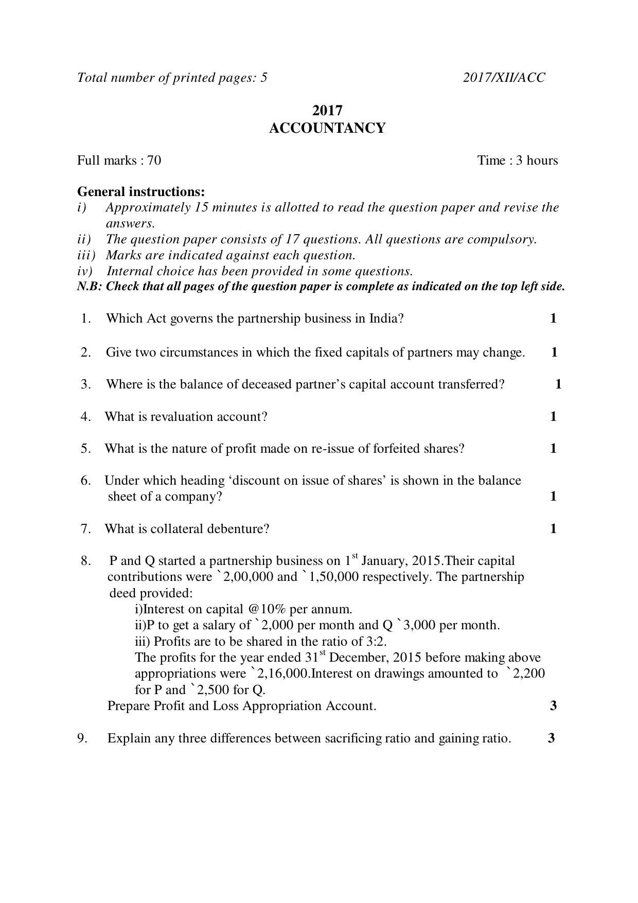 Nagaland Board Class 12 ACCOUNTANCY 2017 Question Papers - Page 1