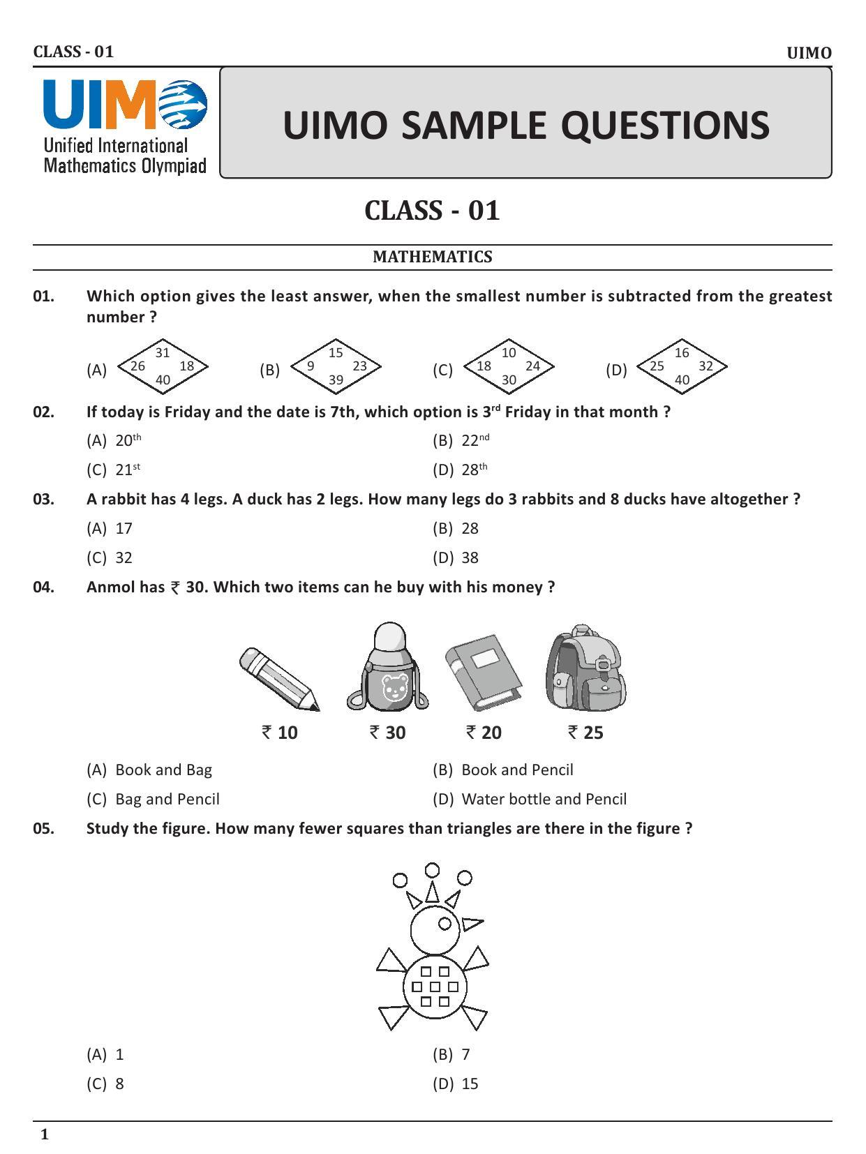 UIMO Class 1 2023 Sample Paper - Page 1