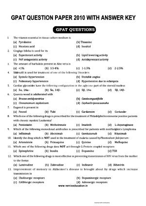 GPAT 2010 Question Paper with Answer Key