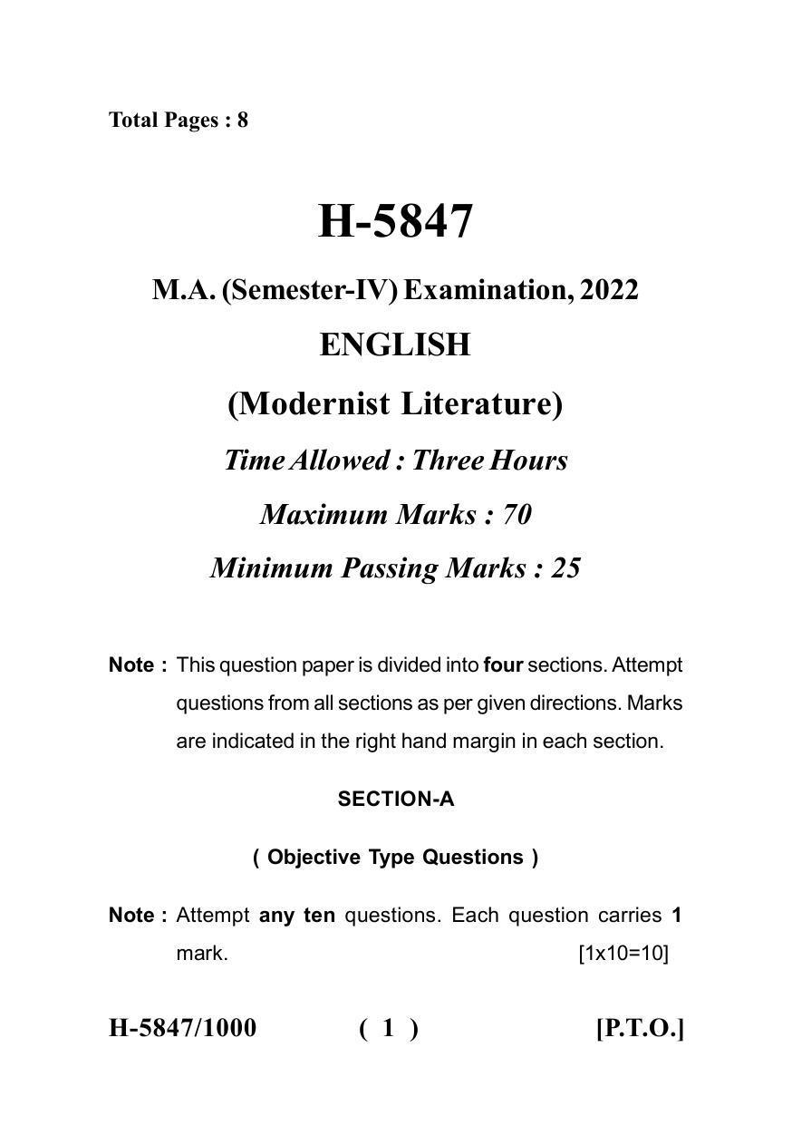 Sarguja University Question Paper July-2022 : M.A. In English(Fourth sem.) Modernist Literature -II Paper 1 - Page 1