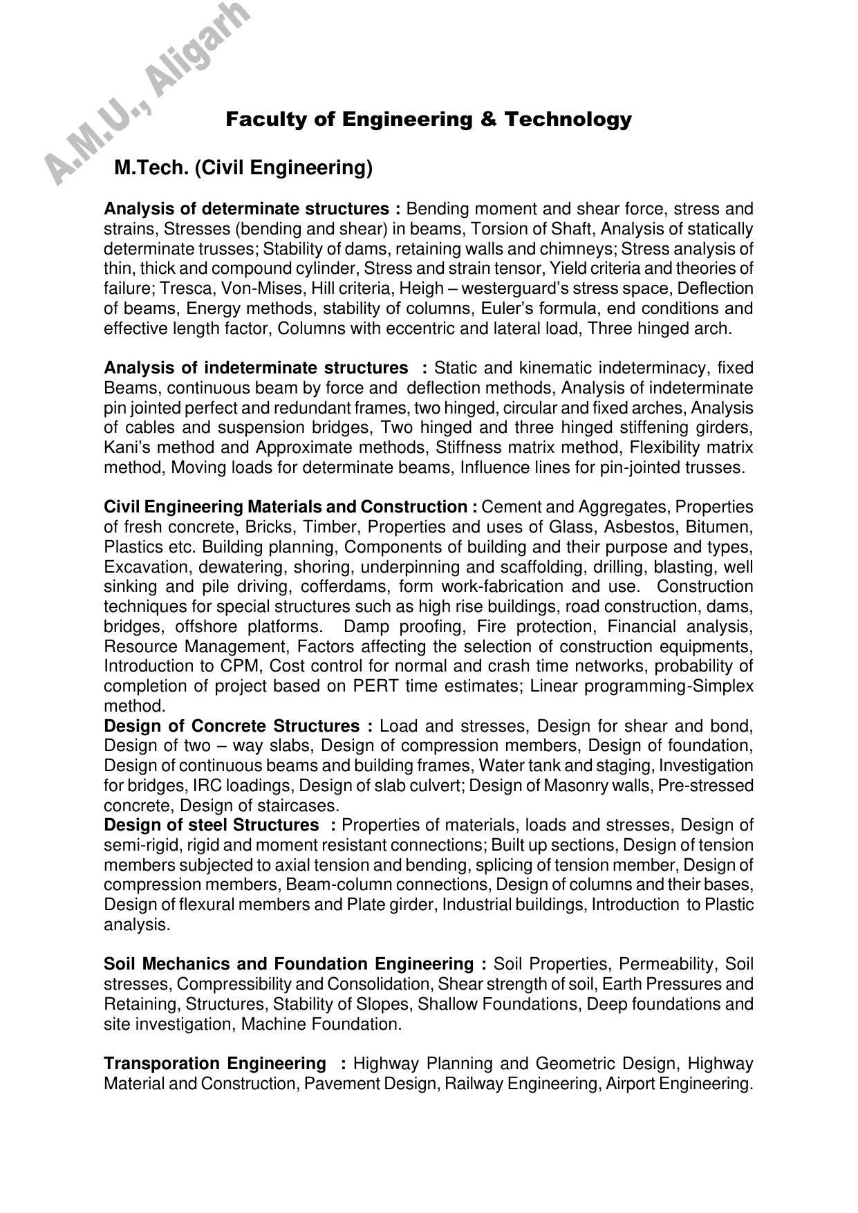 AMU Entrance Exam: M. Tech. Civil Engg Syllabus - Page 1