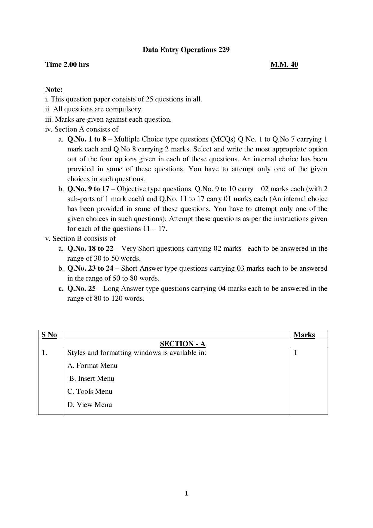 NIOS Class 10 Data Entry Operations (229) Sample Paper - Page 1