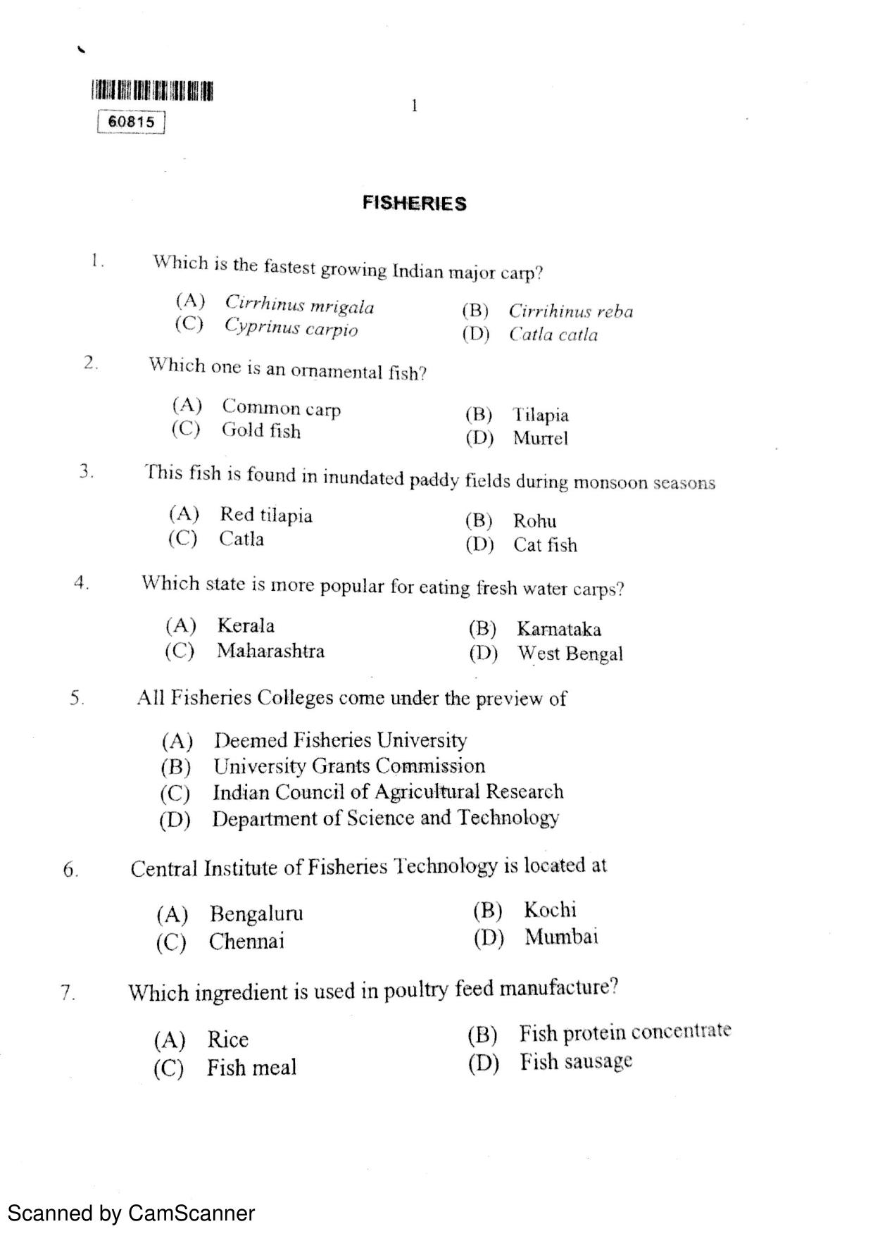 CUSAT CAT 2015 Fisheries Question Paper - Page 2