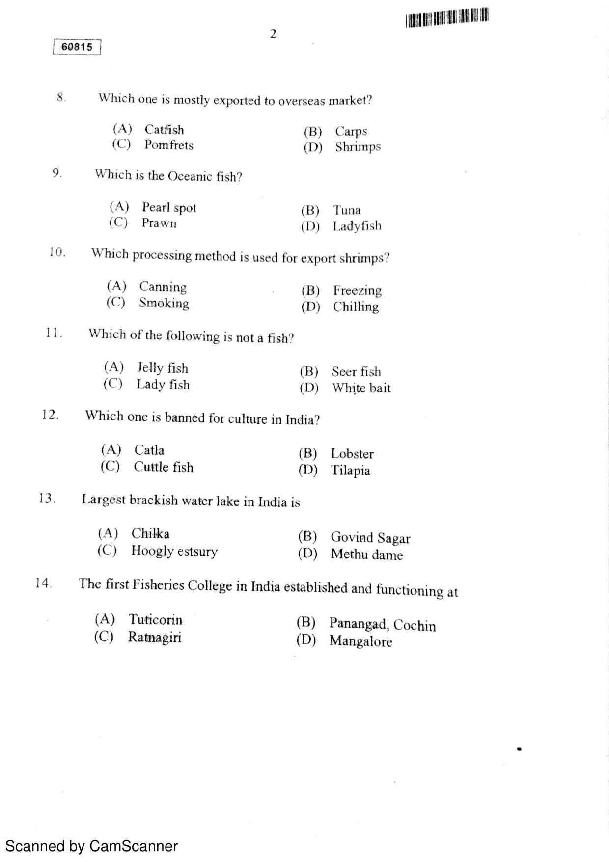 CUSAT CAT 2015 Fisheries Question Paper - Page 3