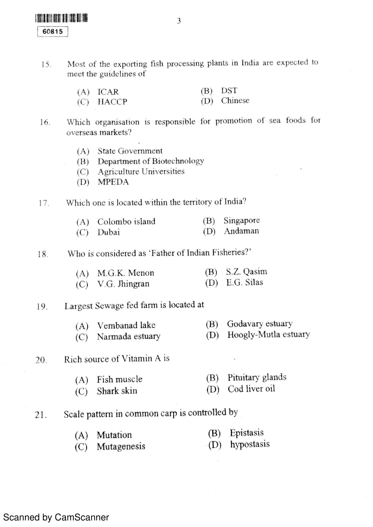 CUSAT CAT 2015 Fisheries Question Paper - Page 4