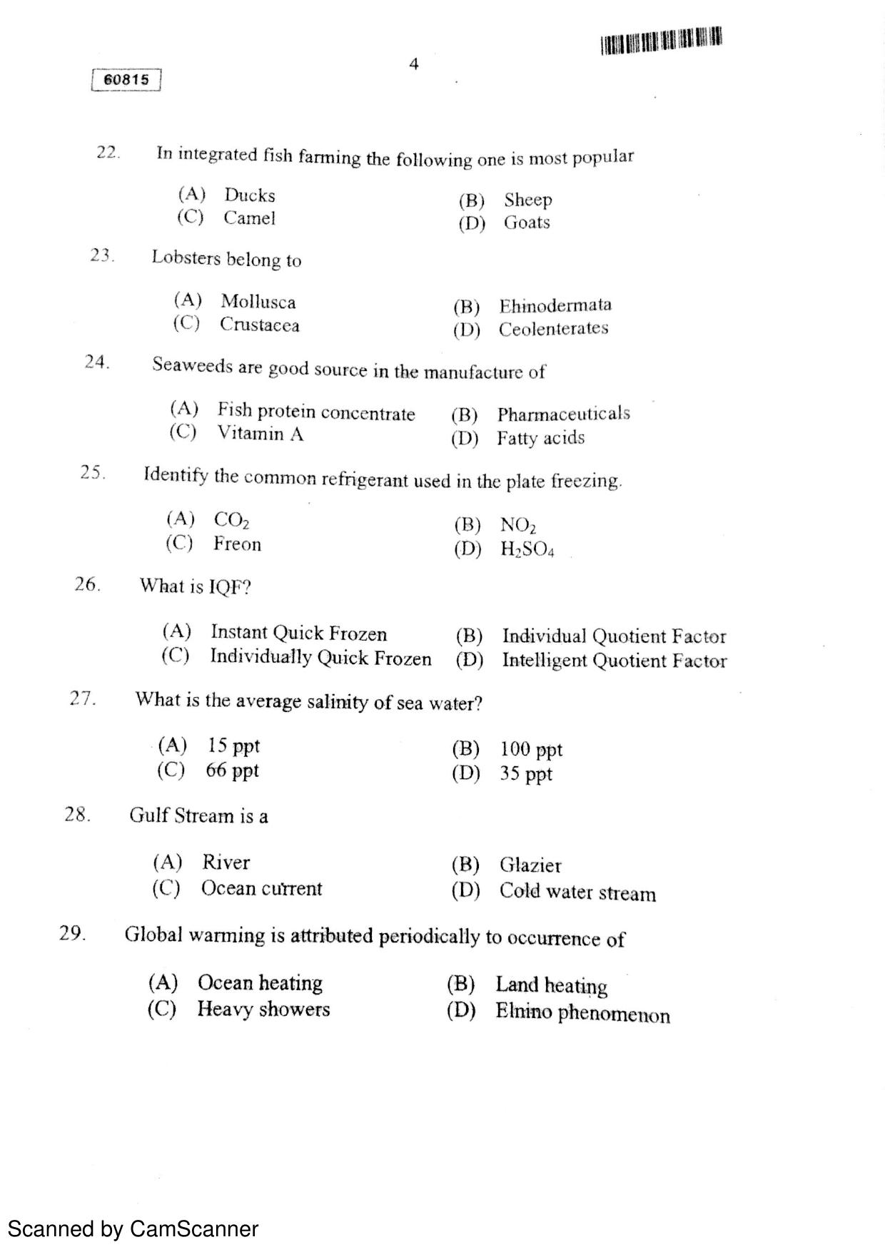 CUSAT CAT 2015 Fisheries Question Paper - Page 5