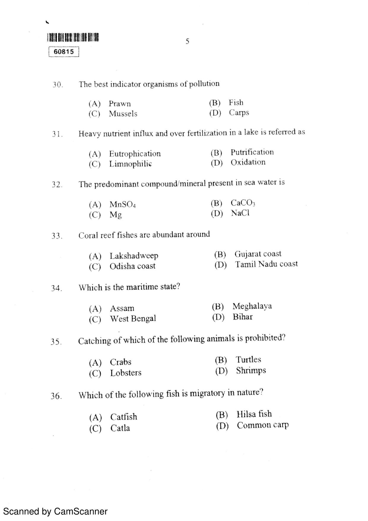 CUSAT CAT 2015 Fisheries Question Paper - Page 6