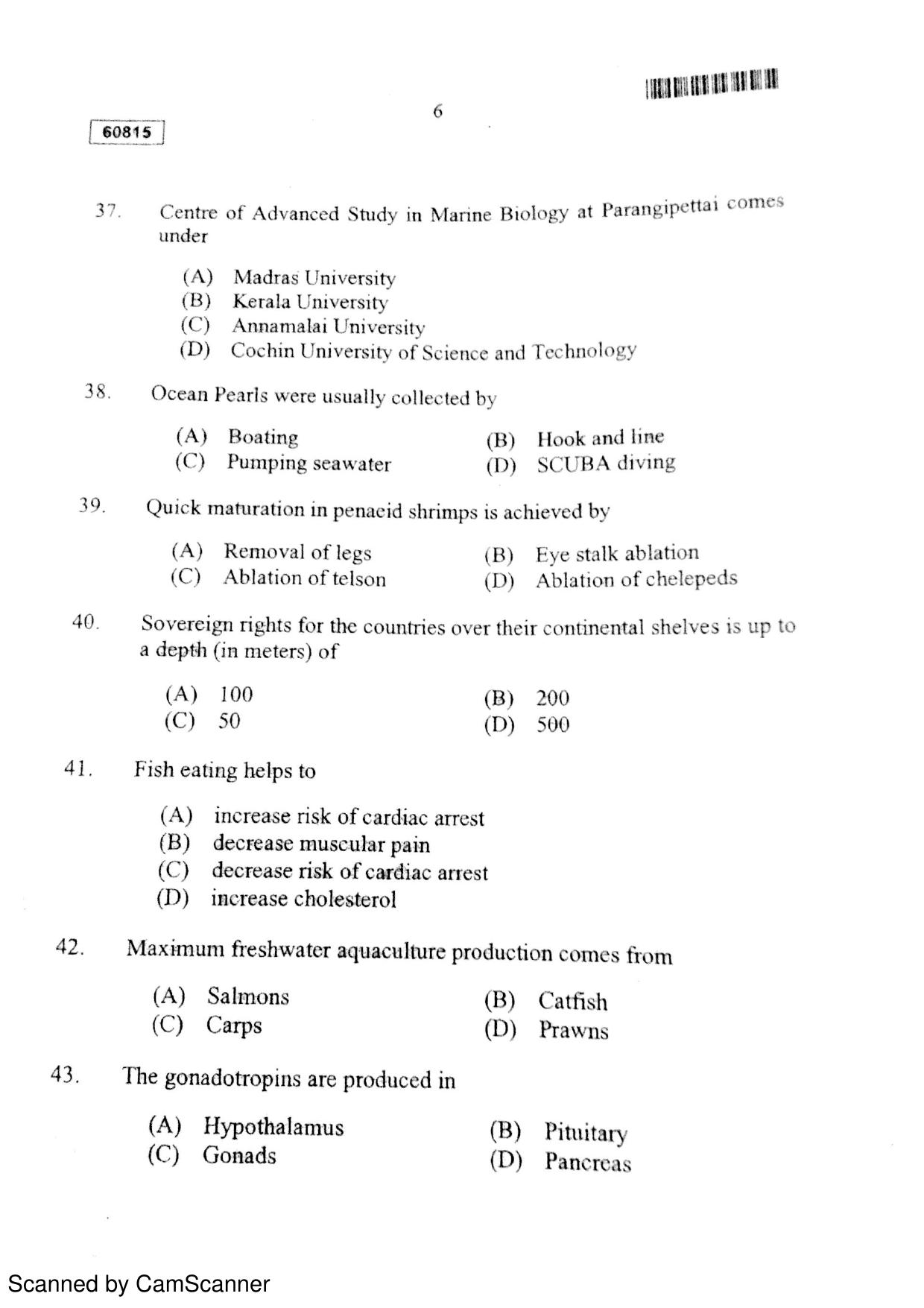 CUSAT CAT 2015 Fisheries Question Paper - Page 7
