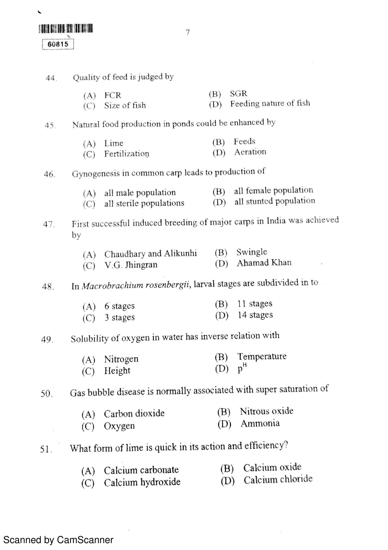 CUSAT CAT 2015 Fisheries Question Paper - Page 8