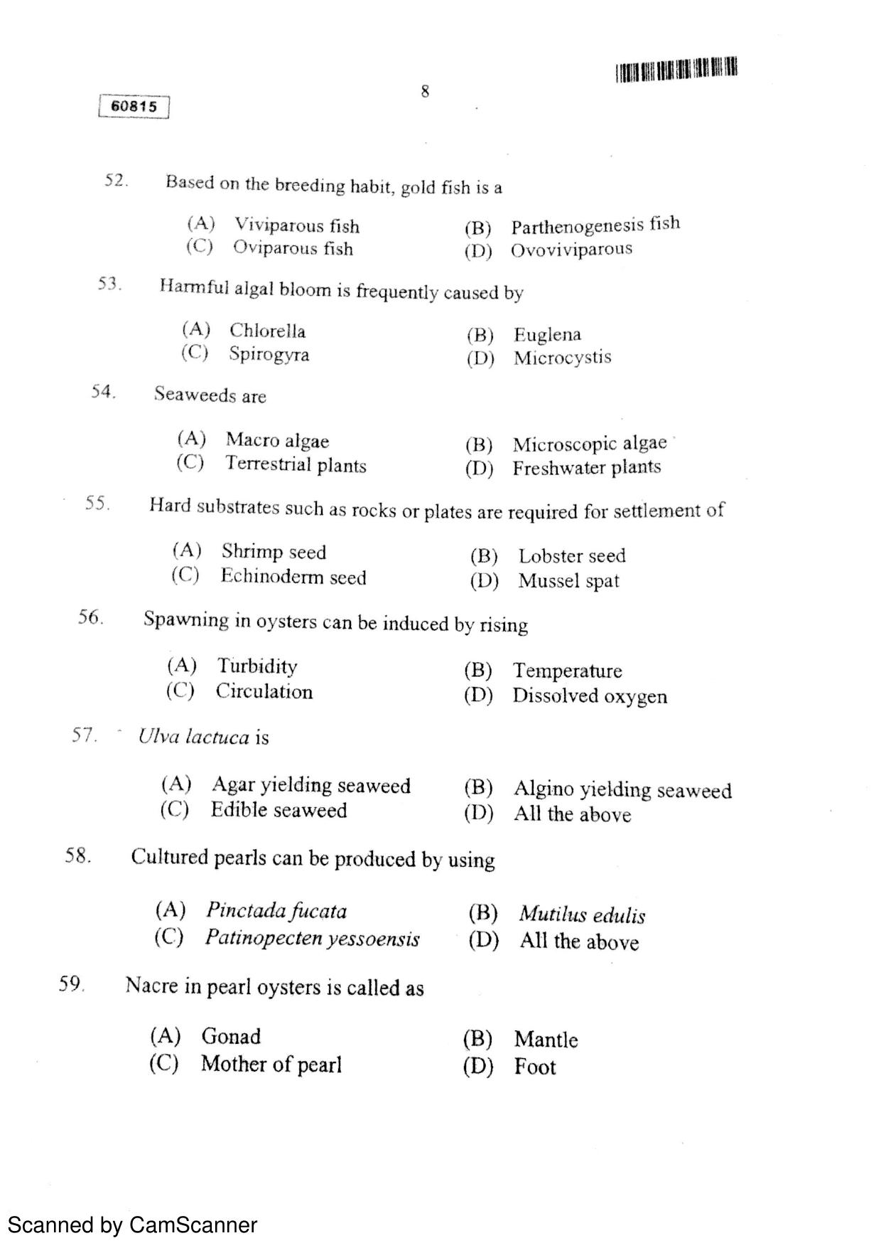 CUSAT CAT 2015 Fisheries Question Paper - Page 9