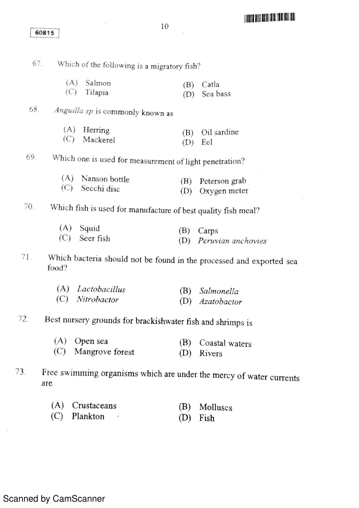 CUSAT CAT 2015 Fisheries Question Paper - Page 11