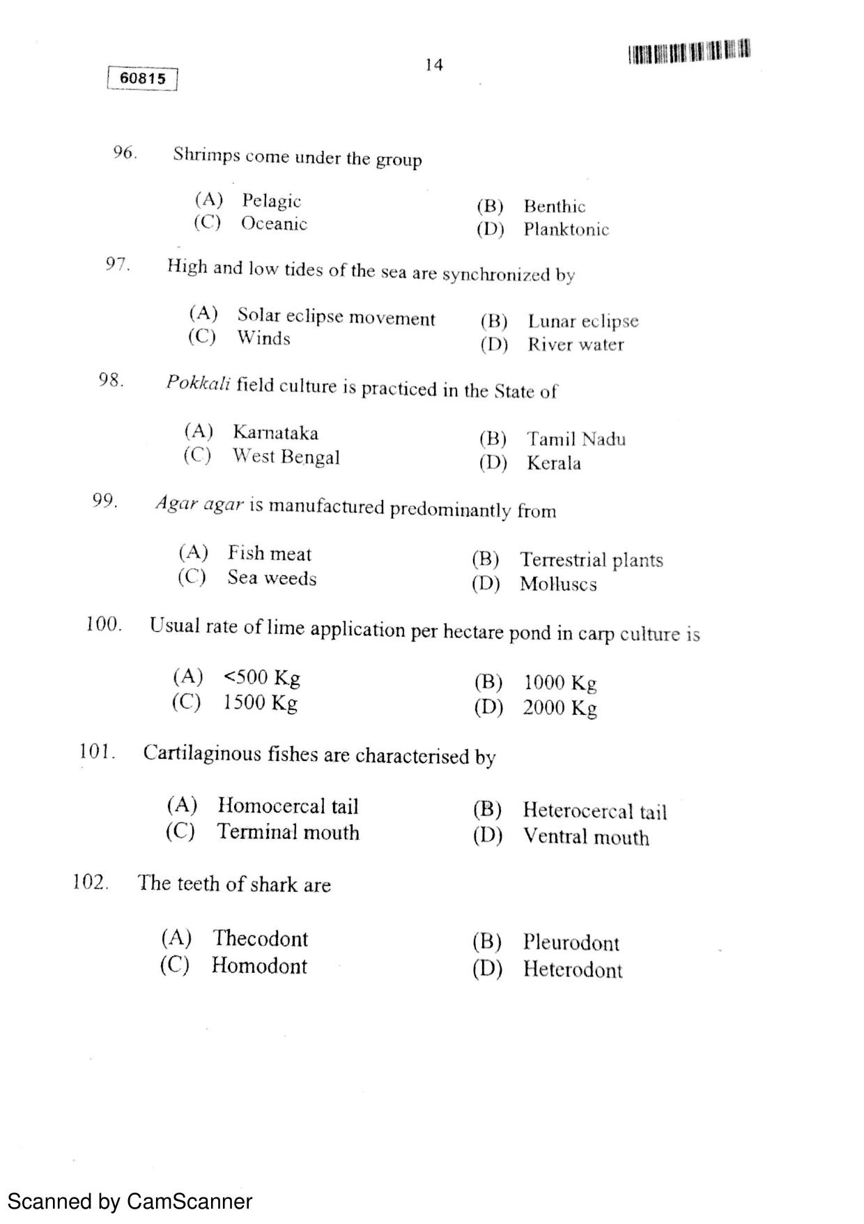 CUSAT CAT 2015 Fisheries Question Paper - Page 15