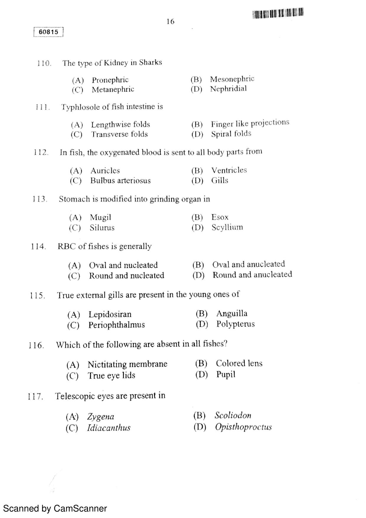 CUSAT CAT 2015 Fisheries Question Paper - Page 17