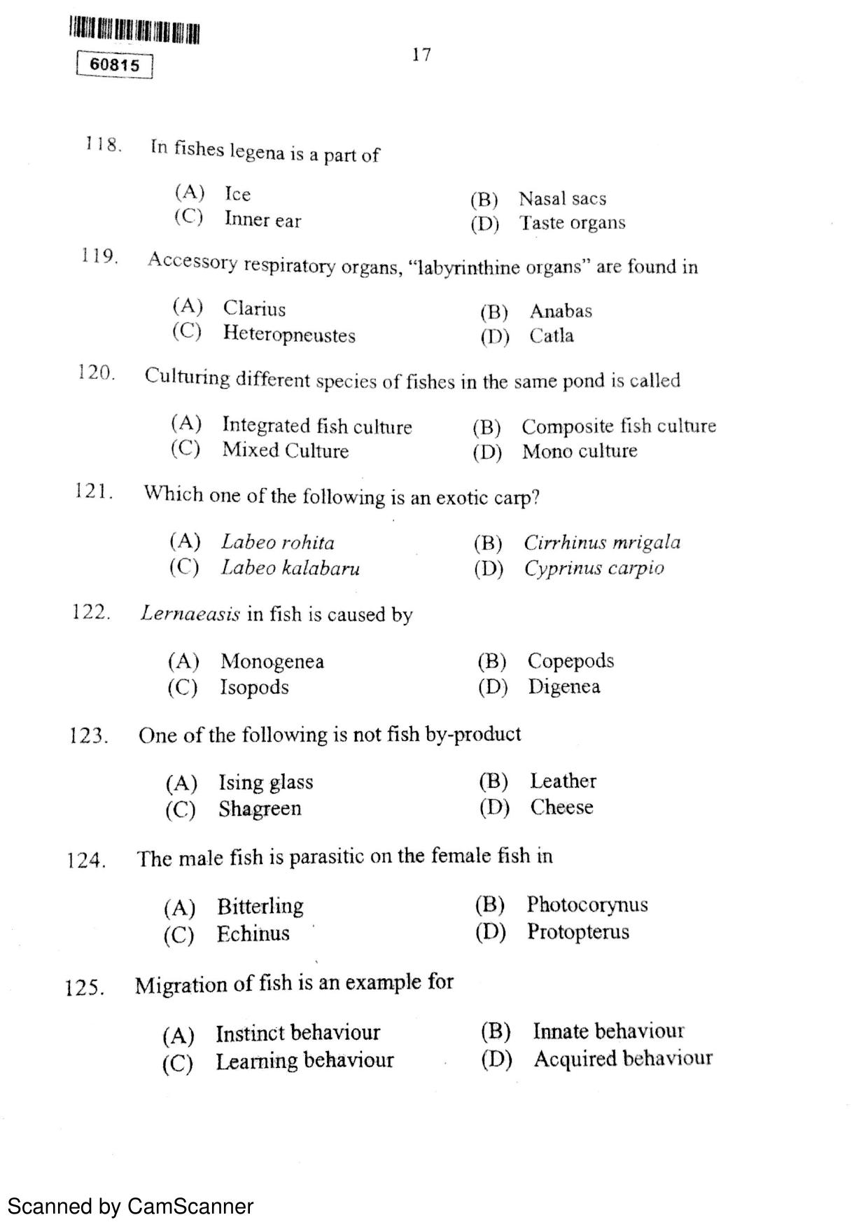 CUSAT CAT 2015 Fisheries Question Paper - Page 18