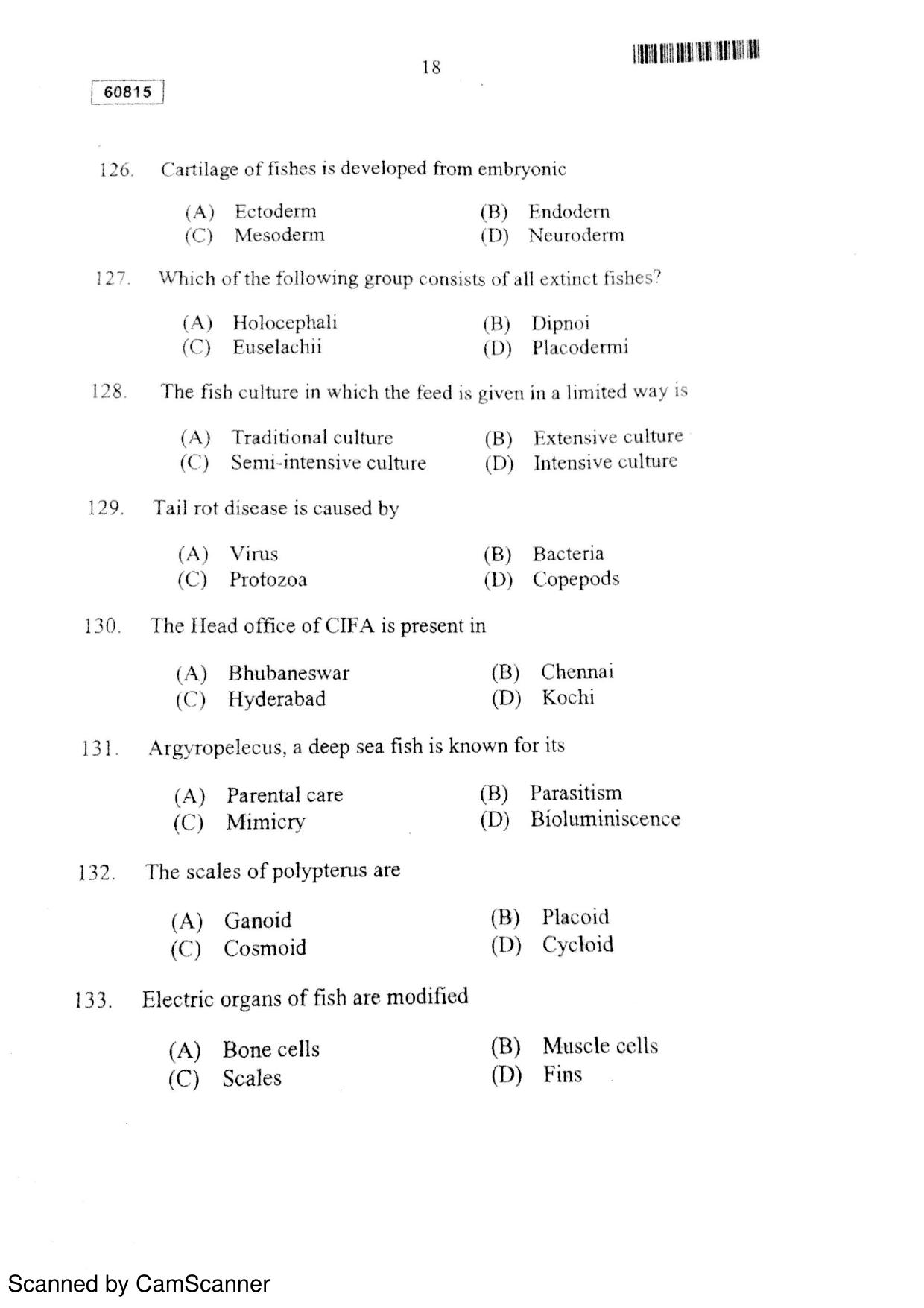 CUSAT CAT 2015 Fisheries Question Paper - Page 19