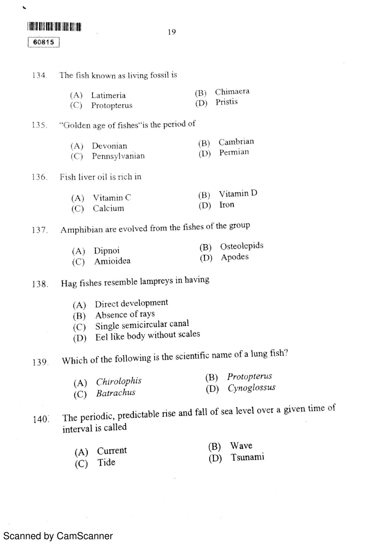 CUSAT CAT 2015 Fisheries Question Paper - Page 20