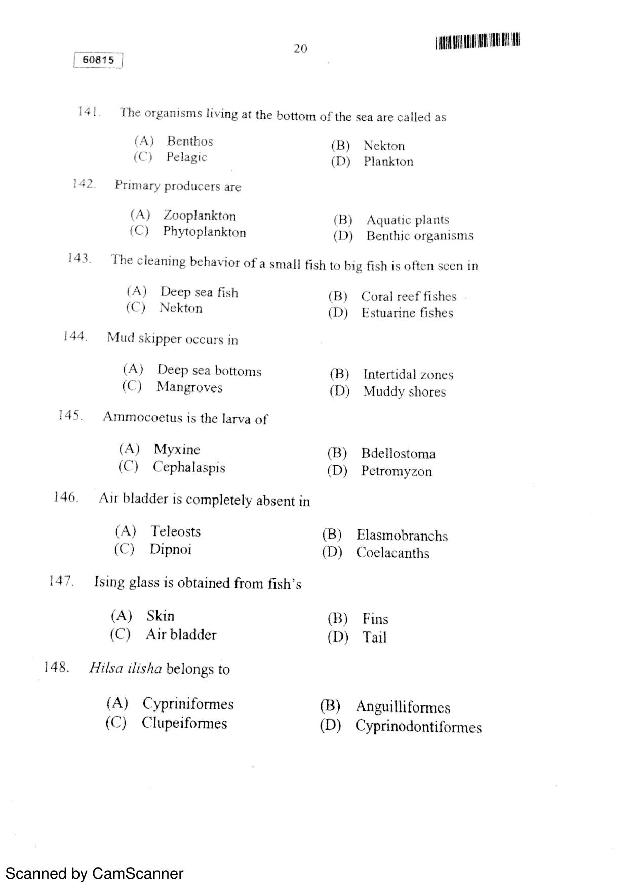 CUSAT CAT 2015 Fisheries Question Paper - Page 21