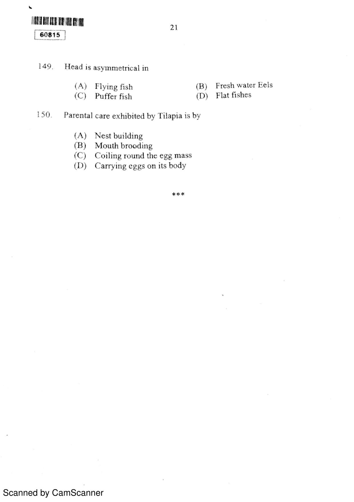 CUSAT CAT 2015 Fisheries Question Paper - Page 22