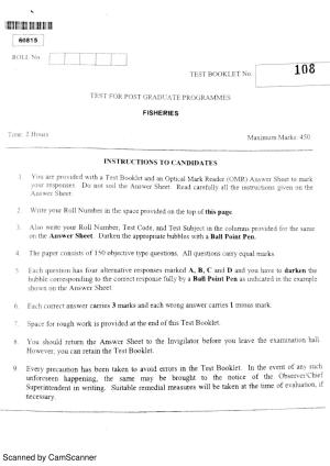 CUSAT CAT 2015 Fisheries Question Paper