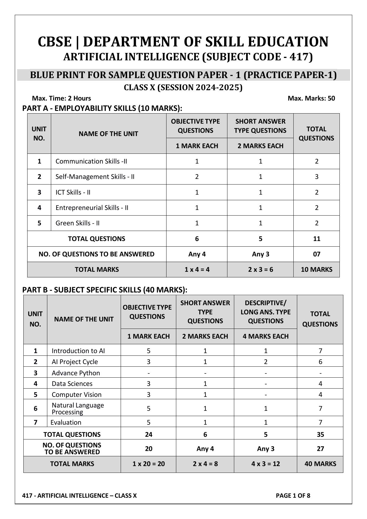 CBSE Class 10 Artificial Intelligence Sample Paper 2025 - Page 1