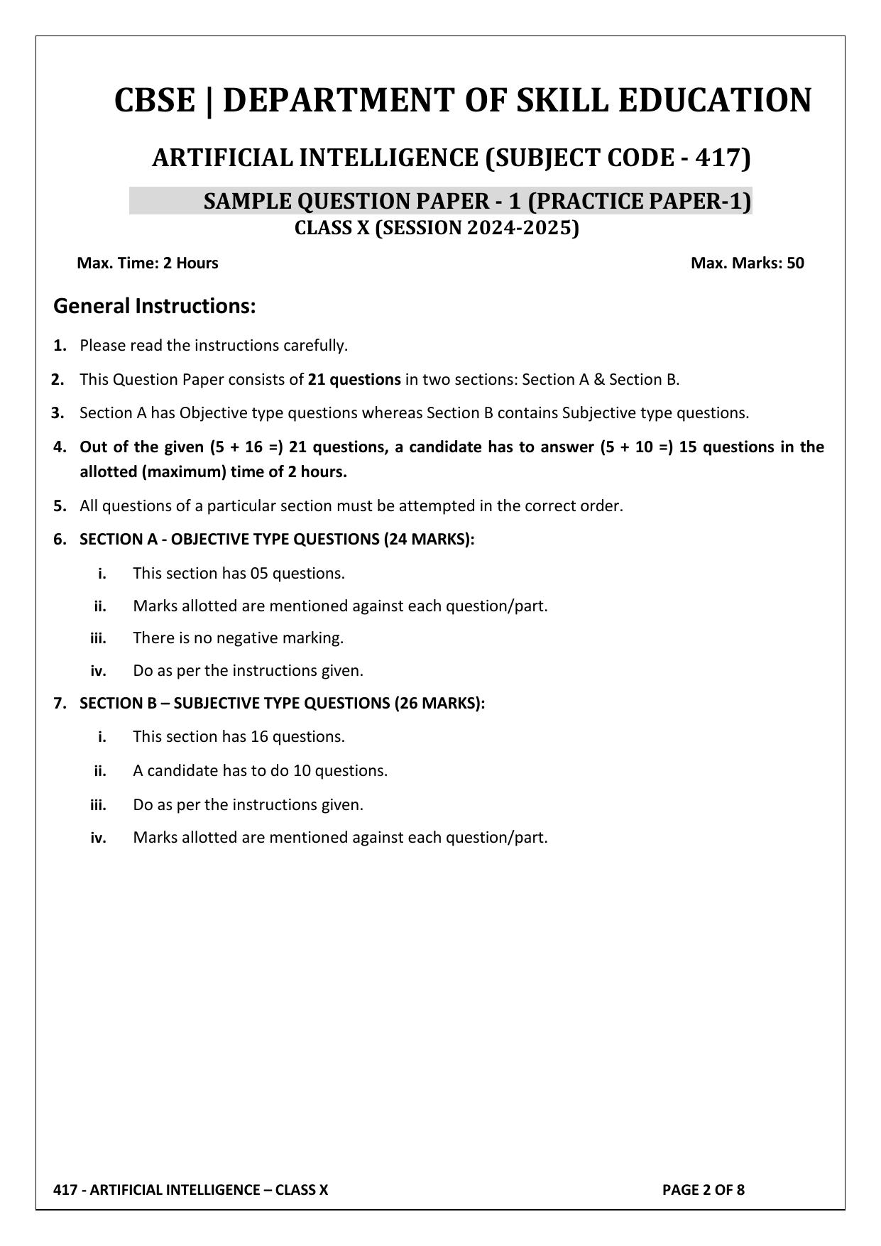 CBSE Class 10 Artificial Intelligence Sample Paper 2025 - Page 2