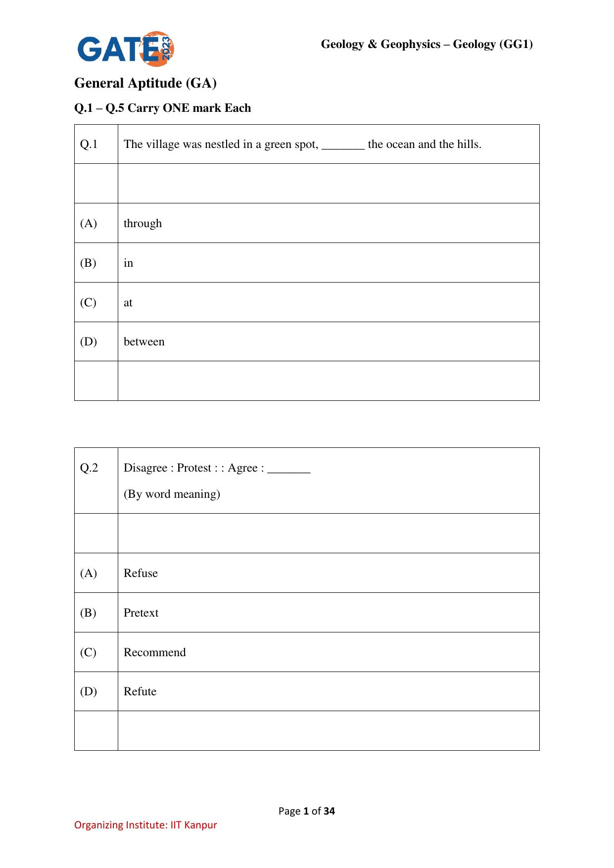 GATE 2023 Geology and Geophysics – Geology (GG-1) Question Paper - Page 1