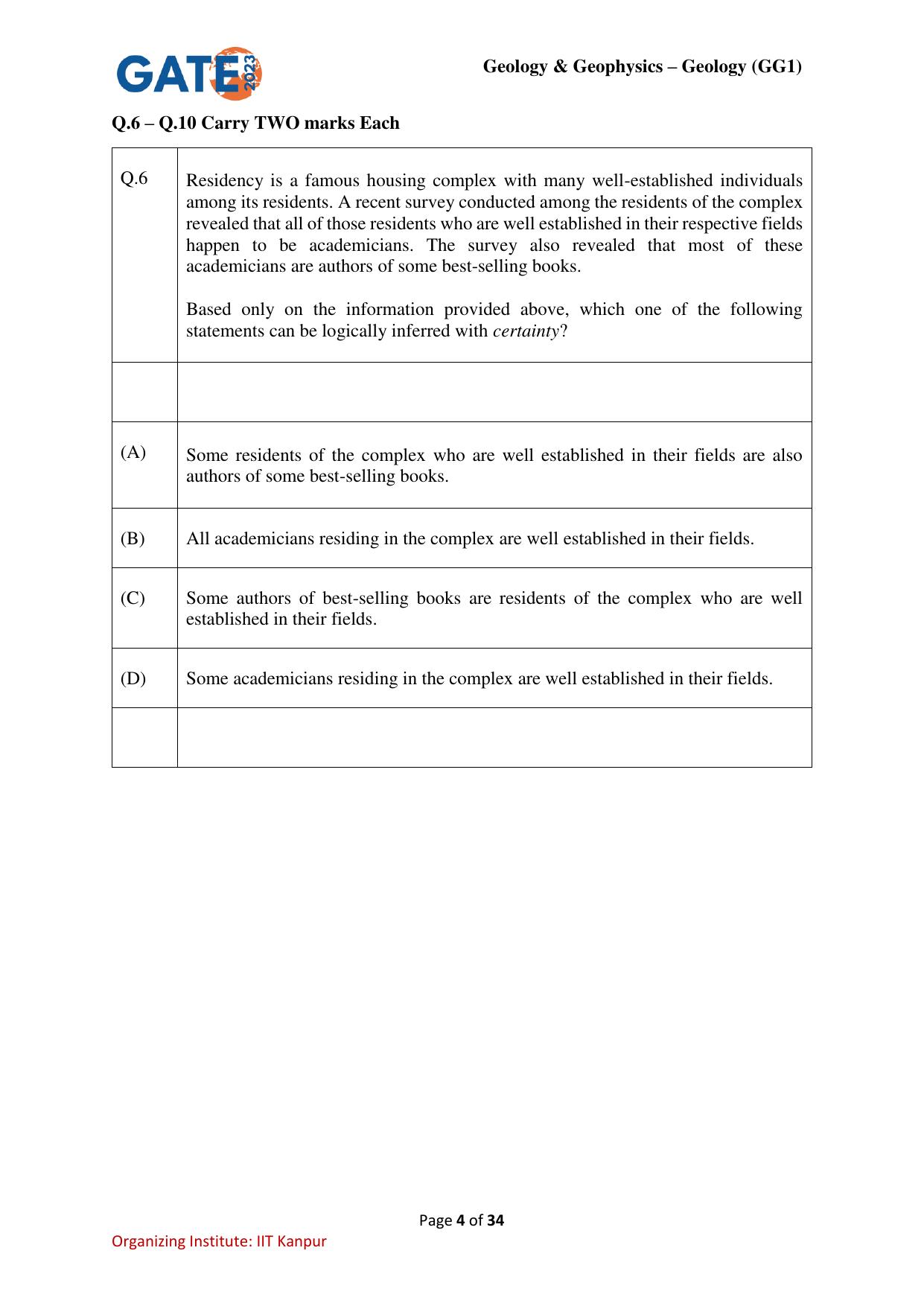 GATE 2023 Geology and Geophysics – Geology (GG-1) Question Paper - Page 4